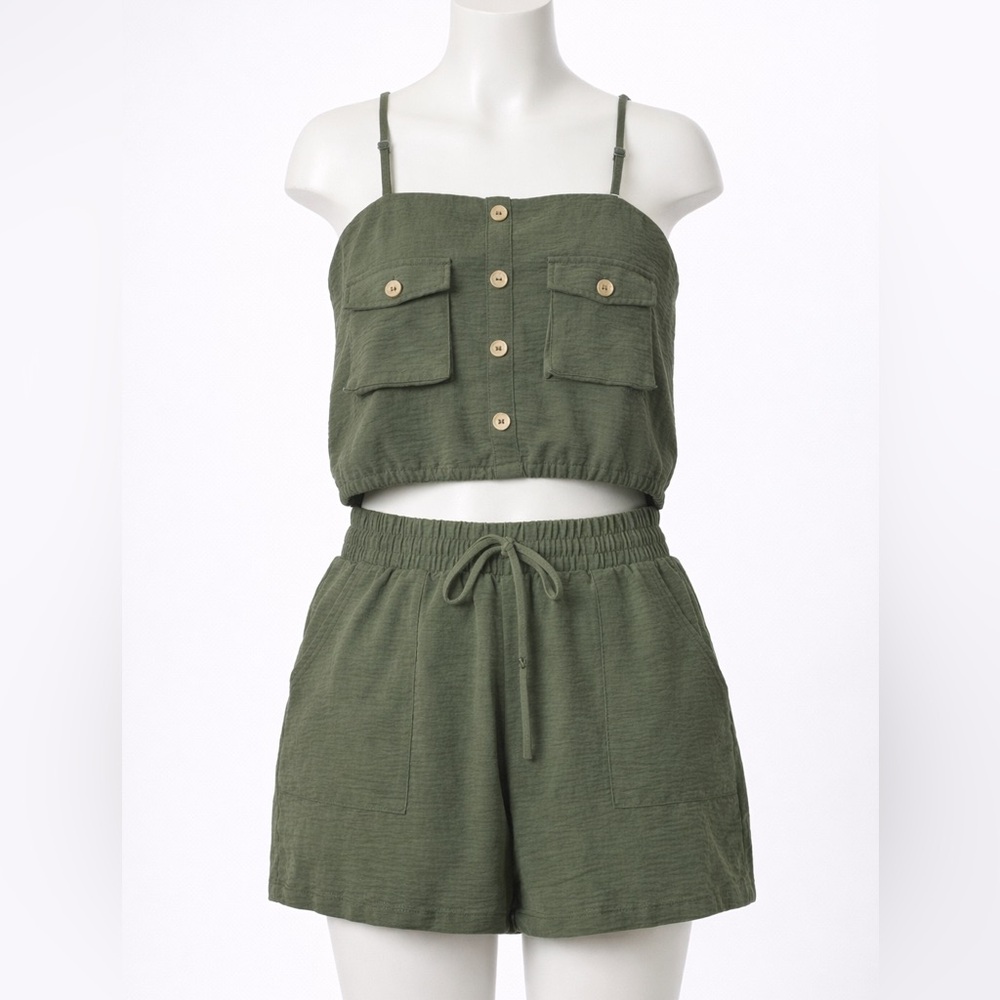 No Boundaries Olive Green Crop Tank & Drawstring Shorts Set